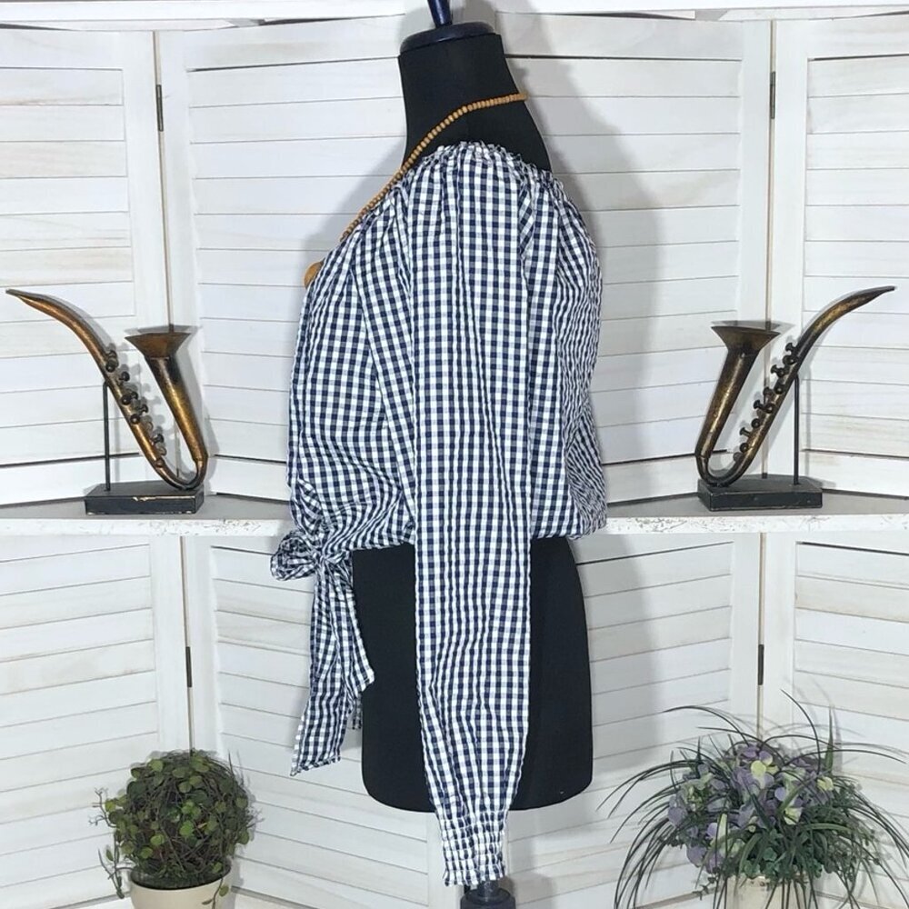 Sanctuary Claire Gingham Print Top White Navy Blue M - Picture 5 of 10